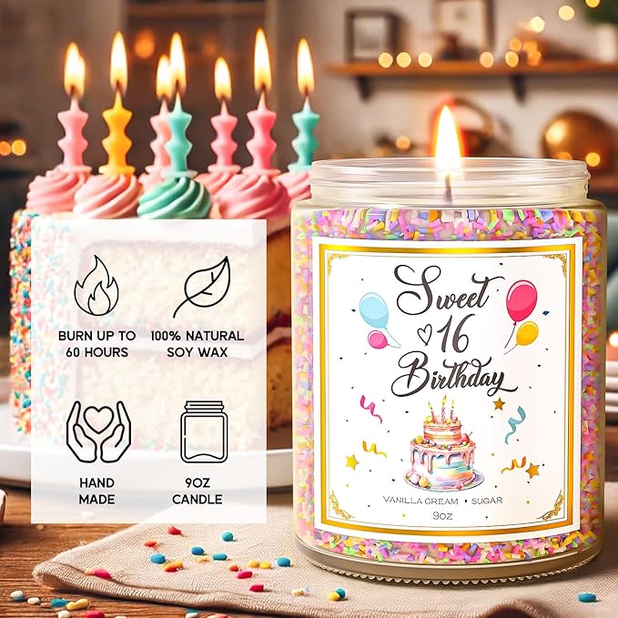 Sweet 16 Birthday Candles for Women - 9 oz Happy Birthday Candle with Vanilla Birthday Cake Scent, Gifts for Women & Men, Friendship Ideas