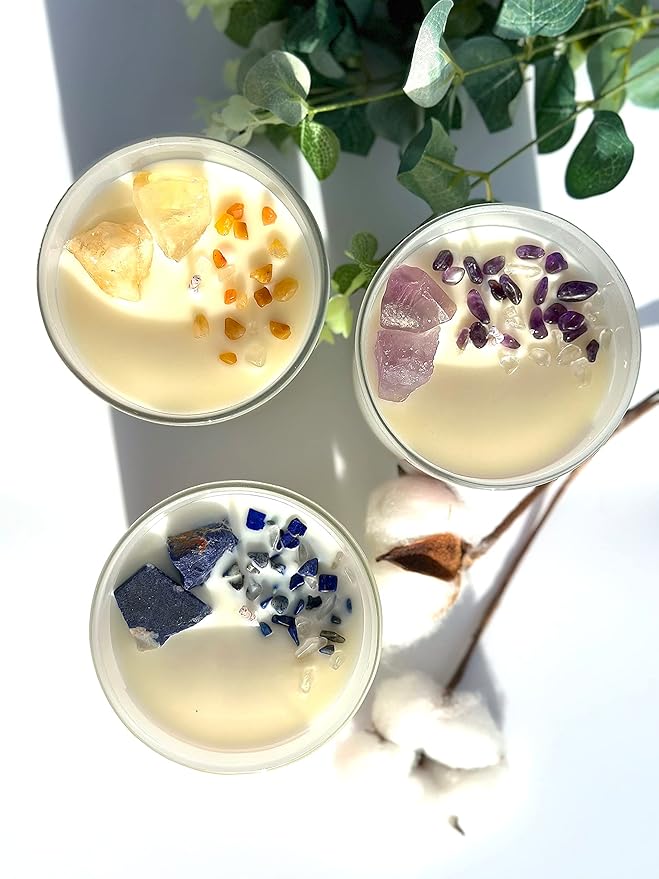 Healing Crystal Candle, Scented Candle Infused Citrin, Clear Quartz Crystals, Lemon Grass&Litchi Scented, Positivity, Energy, Cleansing Wellness, Gift for Women, Aromatherapy Clean Vegan 10Oz Jar