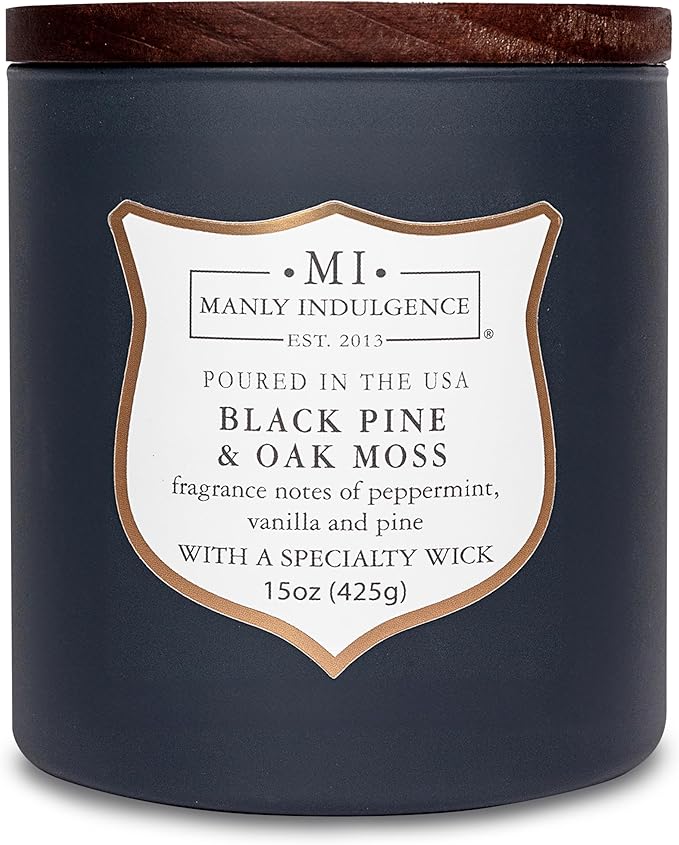 Manly Indulgence Black Pine Oakmoss Scented Candles for Men, 15 oz Wooden Wick, Premium Soy Blend Wax, 60H Burn, Candles for Home Scented - Made in The USA