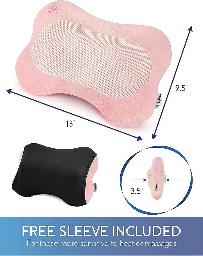 Zyllion Shiatsu Back and Neck Massager with Heat - 3D Electric Kneading Deep Tissue Massage Pillow for Muscle Pain Relief, Pink, ZMA-13
