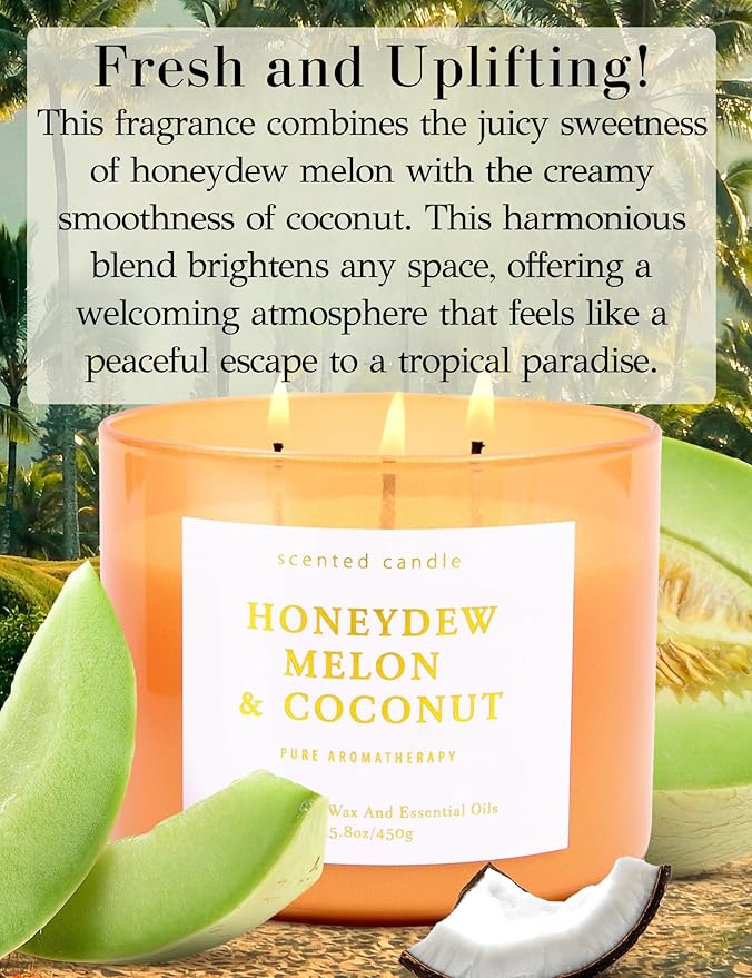 Honeydew Melon Coconut 3-Wick Soy Candle, 15.8 oz | Large Melon Coconut Fruity Scented Candle for Home | Highly Scented Aromatherapy Candle for Relaxation & Stress Relief | Gift for Women & Men