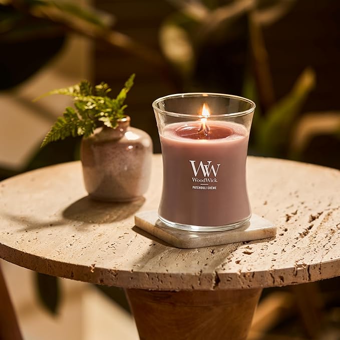 WoodWick Patchouli Crème Gifts for Women and Men, 9.7 oz Medium Hourglass Candle with Crackling Wick