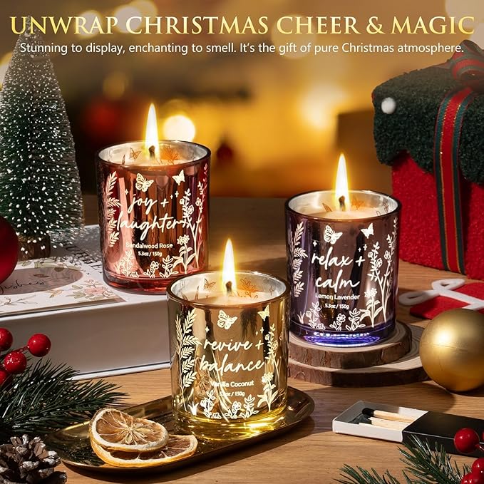 Scented Candles for Women, 3 Pack Candle Set Soy Candles for Home Scented Holiday Votive Candle Gifts Set, Valentine's Day Birthday Gifts for Women Her -Vanilla Coconut/Sandalwood Rose/Lemon Lavender