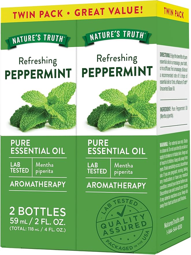 Nature's Truth Peppermint Essential Oil | Diffuser, Shower, or Bath | 2 Pack of 2 Fluid Ounces (59 mL) | Mentha Piperita | Plant Based, Non-GMO & Gluten Free