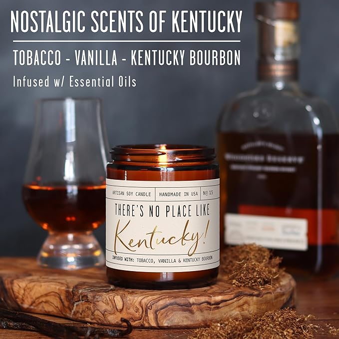 Kentucky Gifts, Kentucky Decor for Home - 'There's No Place Like Kentucky Candle, w/Tobacco, Vanilla & Kentucky Bourbon I Kentucky Souvenirs I Kentucky State Gifts I 9oz Jar, 50Hr Burn, USA Made
