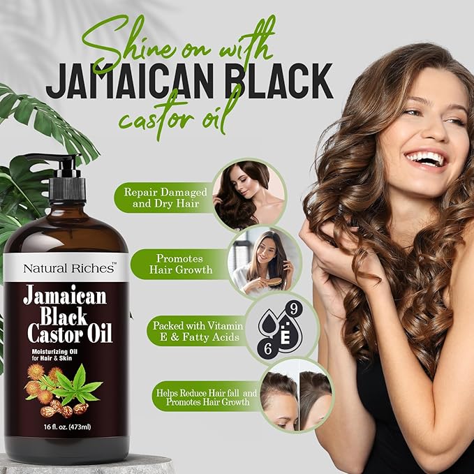 Natural Riches Jamaican Black Castor Oil Glass Bottle Pure Organic Cold Pressed for Hair Growth Skin Care for Dry Skin Conditioning Eyebrows Eyelashes Scalp and Nail Moisturizes & Repairs 16fl.oz.