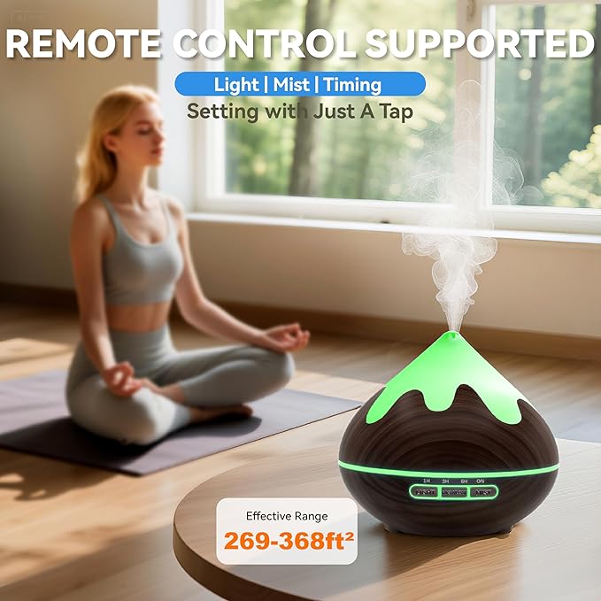 500ML Essential Oil Diffuser, Aromatherapy Diffuser with Remote Control, Multifunctional Air Diffusers for Home Office Room, Fragrance Aroma Diffuser with 7 Color LED & 2 Mist Mode, Dark Brown