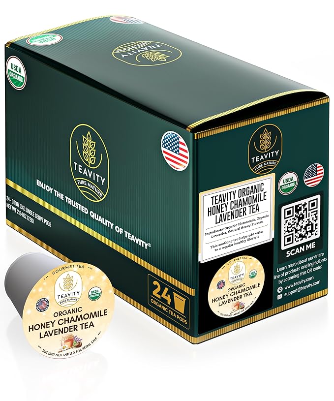 Organic Chamomile and Lavender Tea Pods for Keurig - Decaffeinated Tea for Keurig K Cups - Honey Chamomile Lavender by Teavity (24 Tea Pods)