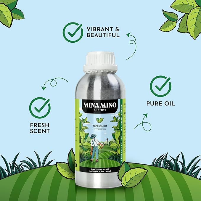 16 fl oz - Peppermint Essential Oil (100% Pure & Natural) Large Aluminum Bottle for Aromatherapy, Diffuser, Candle & Soap Making - Minamino Blends