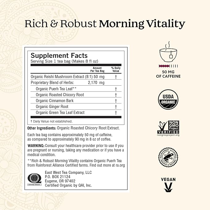Yogi Tea Rich & Robust Morning Vitality - 16 Bags per Pack (6 Packs) - Organic Adaptogen Tea Perfect for the Morning - Includes Puerh Leaf, Roasted Chicory Root, Cinnamon Bark & More