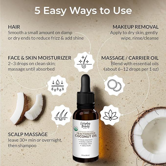 Organic Fractionated Coconut Oil | 100% Pure, Cold-Pressed | USDA Certified Organic | Amber Glass Bottle with Glass Dropper | For Face, Skin, & Hair - 1 Fl Oz