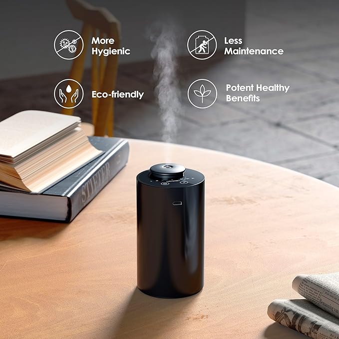 Airversa Waterless Essential Oil Diffuser Starter Kit with 4 x 10mL Fragrance Scent Oil, Battery Operated Mini Scent Air Machine Portable Diffuser for Home Car Office, AN6 Black Kit01