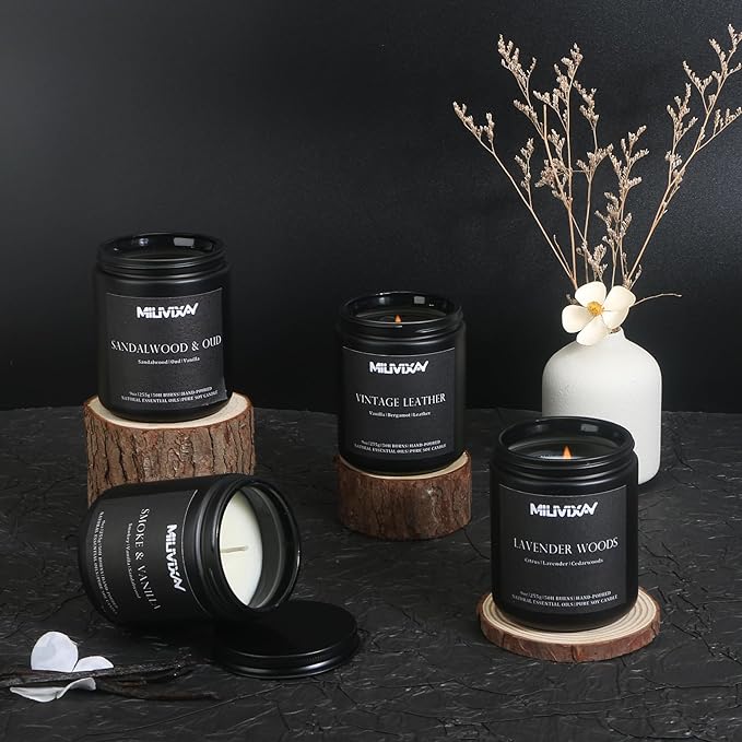 MILIVIXAY Scented Candles for Men-4 Pack Soy Wax Candles for Home Scented, 200 Hour Burn Time, 36oz Men Candle Set, Lavender Woods/Vintage Leather/Smoke & Vanilla/Sandalwood & Oud.