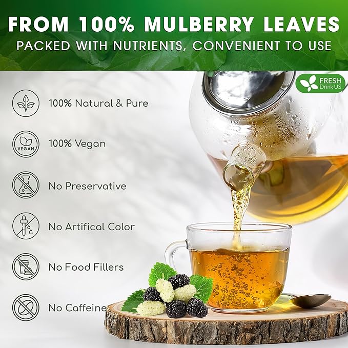 FreshDrinkUS, Premium 75 Mulberry Leaf Tea Bags, 100% Natural & Pure from Mulberry Leaves. Loose Leaf Herbal Tea. Made with Natural Material Tea Bags. No Sugar, No Caffeine, No Gluten, Vegan.