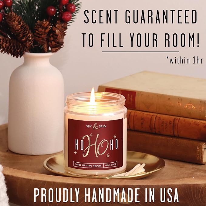 Christmas Candles Scented – ‘Ho Ho Ho’ Soy Christmas Candle, with Santa's Cookies Scent - Infused with Essential Oils I Holiday Candles I 9oz, 50Hr, Made in USA