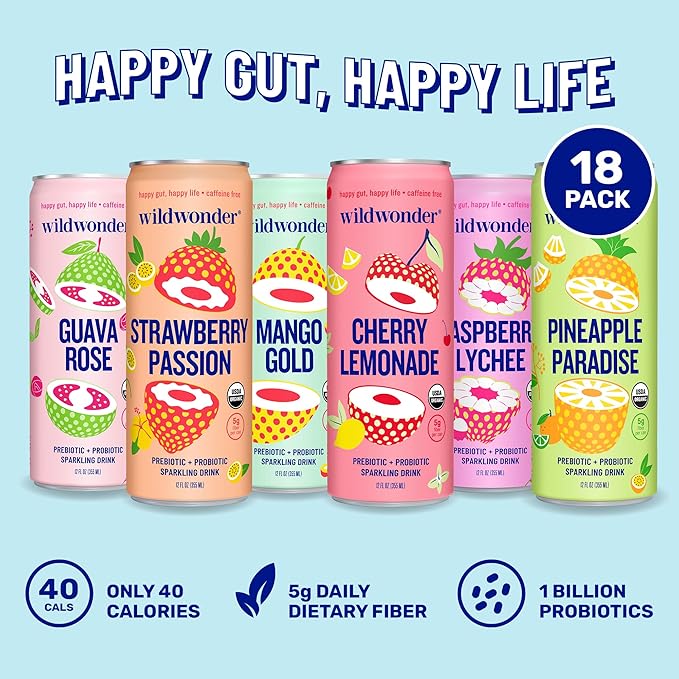 wildwonder Sparkling Probiotic Juice Drink 18pk, w/Gut Health & Immunity Support, 5g Prebiotic Fiber, Live Probiotics, Organic, Vegan, Low Sugar, Sampler Pack, 6 Flavors, Seen on Shark Tank