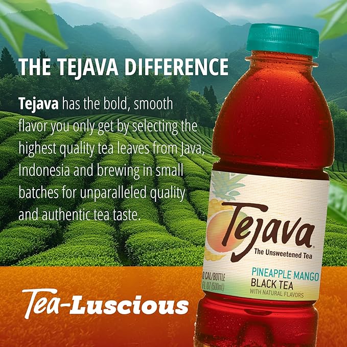 Tejava Pineapple Mango Black Iced Tea, 12 Pack, 16.9oz PET Bottles, Unsweetened, Non-GMO, Kosher, No Sugar or Sweeteners, No calories, No Preservatives, Brewed in Small Batches