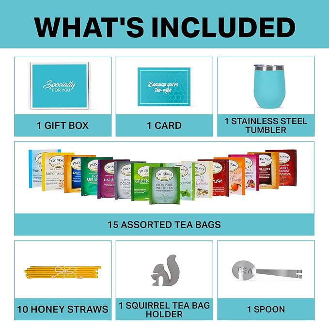 Modern Elegance Tea Tumbler Gift Set – Includes Tea Bag Holder, Spoon, Honey Straw, 15 Assorted Flavor Blends & Hot & Cold 12oz Insulated Tumbler – Ideal for Holiday Gift for Tea Lovers – Teal