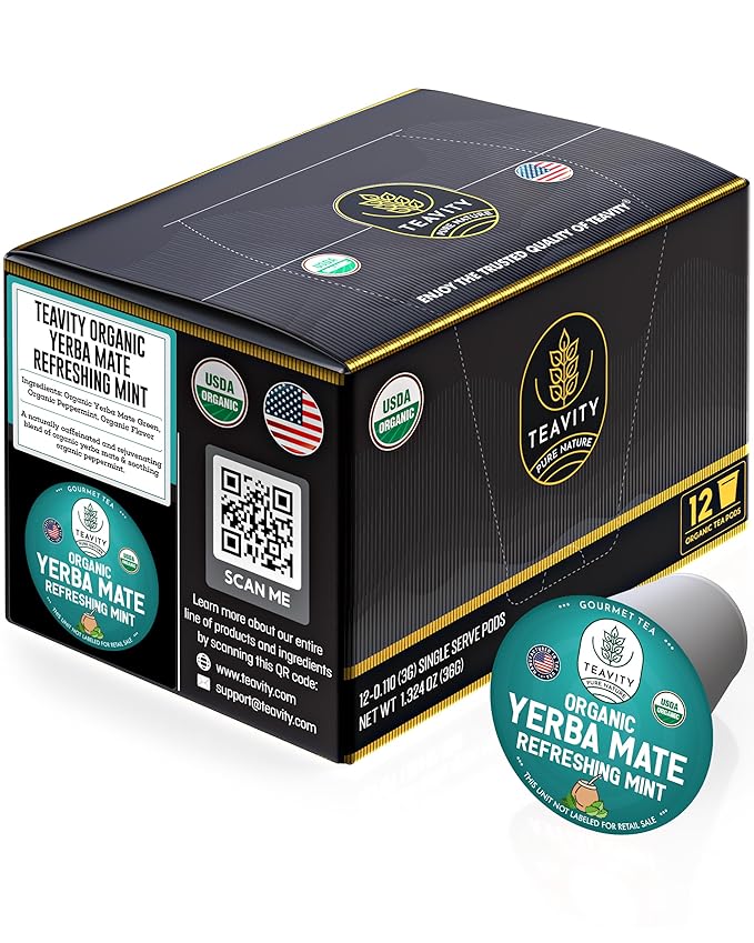 Organic Yerba Mate Refreshing Mint Tea Pods - Naturally Caffeinated Yerba Mate Tea Pod for Keurig Brewers by Teavity (12 Tea Pods)