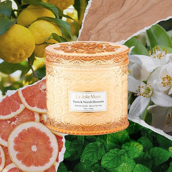 LA JOLIE MUSE Yuzu & Neroli Blossom Candle - Yuzu, Orange Blossom, Cedarwood | 12 oz Large 2-Wick Soy Wax Candle | 60 Hours Clean Burn | Citrus Scented Candle | Elegant Home Décor