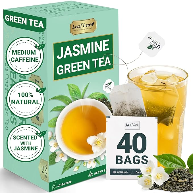 LeafLea 40 Jasmine Green Tea Bags, Premium Green Tea Scented with Jasmine Flowers for Gentle Support & Light Alertness, Floral Smoothness, Caffeinated, Sugar-Free, Non-GMO, Vegan, Individually Wrapped