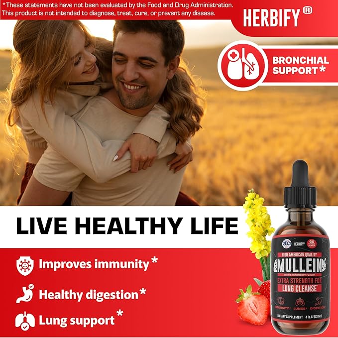 HERBIFY Mullein Drops - Lung Cleanse - Leaf Extract - Powerful Mullein for Immune Support, Detox & Respiratory Support - Made in USA - 4 Oz Strawberry Flavor