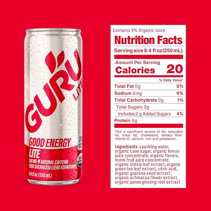 GURU Lite Organic Energy Drinks, Clean Energy Drink with Plant Based Natural Caffeine from Green Tea, Low Calorie, Gluten Free and Vegan, 100MG Caffeine, Healthy Drinks, 8.4oz (Pack of 24)