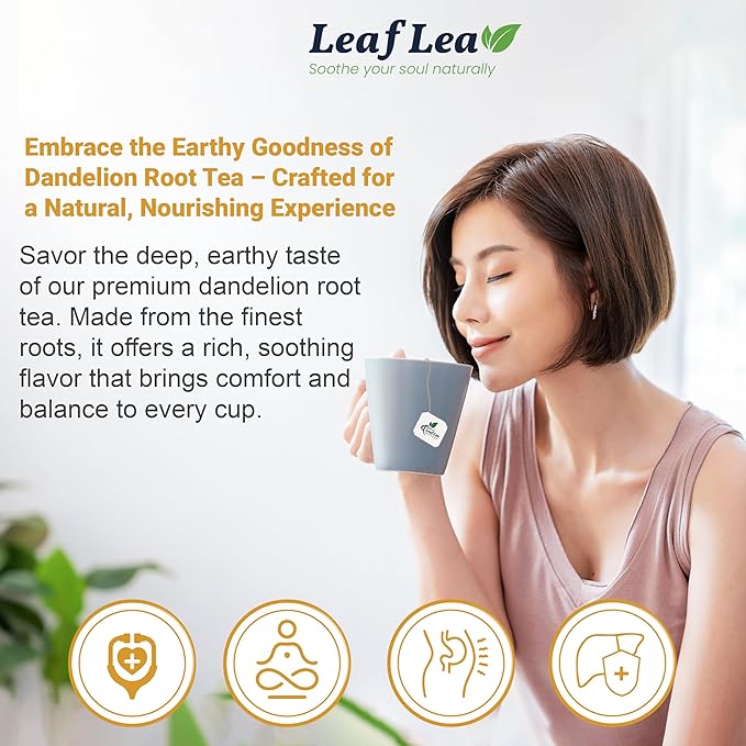 LeafLea 120 Dandelion Root Tea Bags, Dandelion Tea Promotes Healthy Digestion & Immune Function, Natural and Pure from Dandelion Root Herbal Tea, Caffeine-Free, Sugar-Free, Vegan, Pack of 3