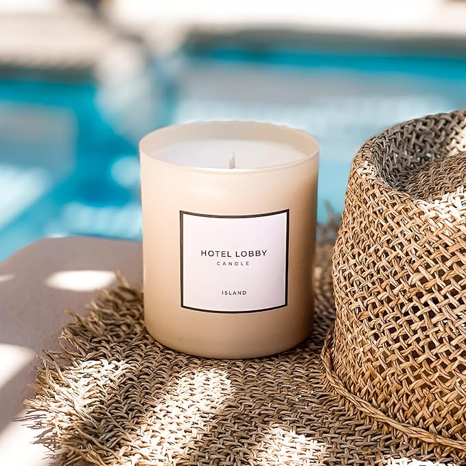 Hotel Lobby Island Candle – Luxury Hand-Poured 9.75oz 100% Soy Wax with Coconut, Vanilla, Rum, Jasmine, and Sandalwood – Paraffin-Free, Infused with Essential Oils, 65-Hour Clean Non-Toxic Burn