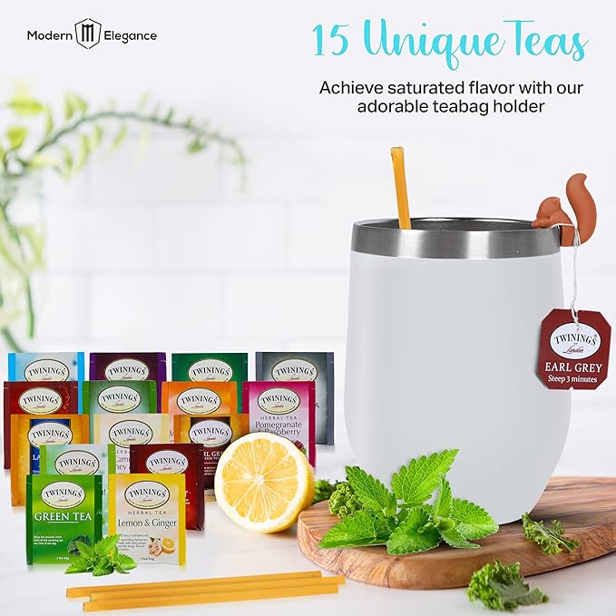 Tea Gifts for Women – Sampler Gift Basket with 15 Unique Blends, Honey Sticks, Stainless Tumbler & Gift-Ready Box (White)