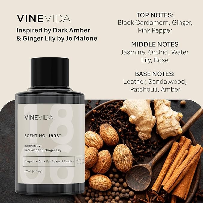 VINEVIDA [120mL] Dark Amber & Ginger Lily Fragrance Oil for Candle Making - Natural Candle Oil Scents - Soap Making Essential Oil - Made in USA