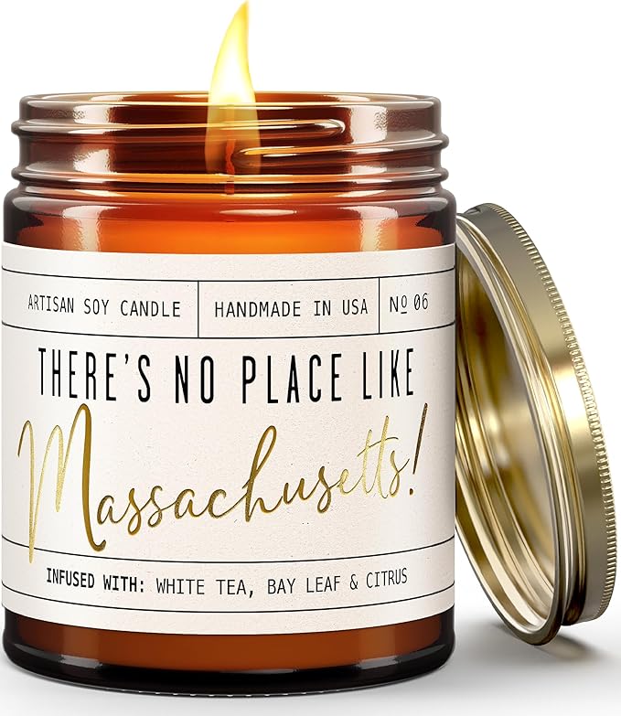Massachusetts Gifts, Massachusetts Decor for Home - 'There's No Place Like Massachusetts Candle, w/White Tea, Bay Leaf & Citrus I Massachusetts Souvenirs State Gifts I 9oz Jar, 50Hr Burn, USA Made