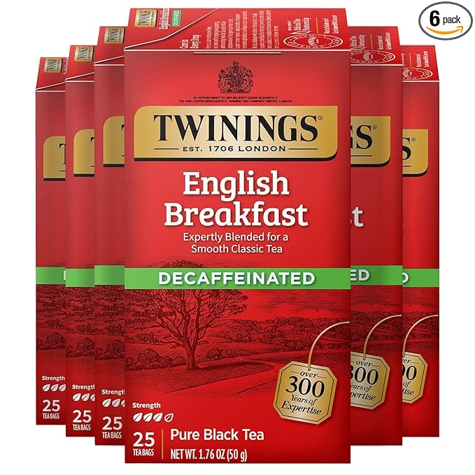 Twinings Decaffeinated English Breakfast Black Tea Individually Wrapped Bags, 25 Count (Pack of 6), Flavourful, Robust, Enjoy Hot or Iced, 150 Teabags