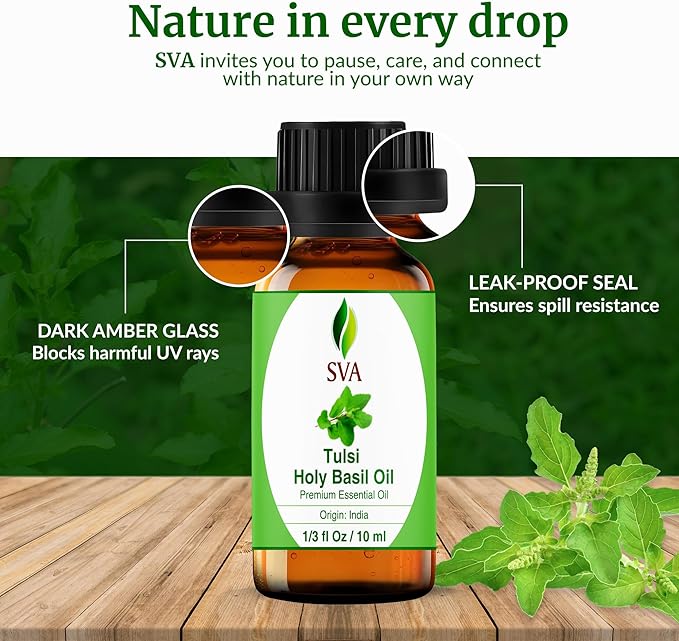 SVA Holy Tulsi Essential Oil – 1/3 Fl Oz – 100% Natural Tulsi Oil - for Diffuser, Hair Care, Face, Skin Care, Aromatherapy, Scalp and Body Massage, Soap and Candle Making