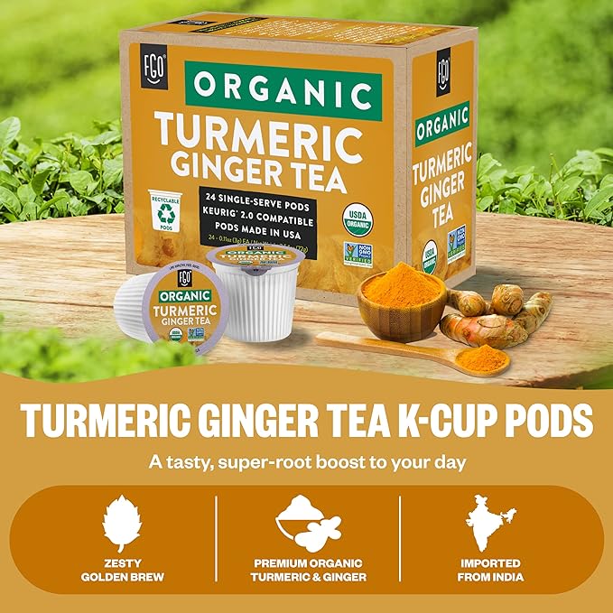 Organic Turmeric Ginger Tea K-Cup Pods, 24 Pods by FGO - Compatible with Keurig - Naturally Caffeine-Free Herbal Tea, Premium Green Tea is USDA Organic, Non-GMO, & Recyclable