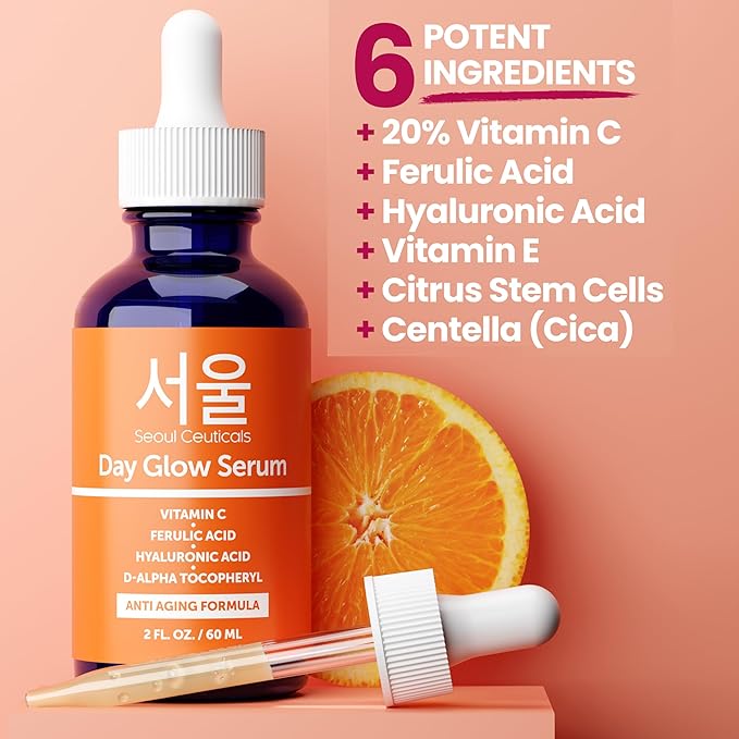 SeoulCeuticals Large 2oz Korean 20% Vitamin C Hyaluronic Acid Serum + CE Ferulic Acid - Potent Anti Aging Vit C, Anti Wrinkle K Beauty Skincare