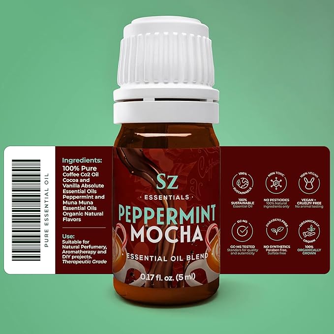 Peppermint Mocha Premium Essential Oil for Diffuser 100% Pure Essential Undiluted Oil - Extracted from Peppermint, Coffee, Cocoa with Vanilla Overtones - Plant Based - 0.17 Fl Oz (5ml)