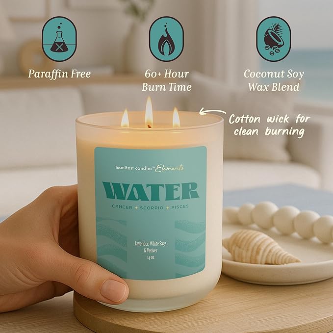 Large 14.5oz 3 Wick Zodiac Water Cancer Pisces Scorpio Zodiac Gifts for Women - 60 Hour Burn - Astrology Gifts for Women, Healing Manifestation Spiritual Candles, Intention Meditation Candle