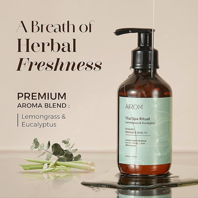 AiROM Lemongrass & Eucalyptus Massage Oil for Massage Therapy – Thai Spa Ritual - Scented Body Oil for Women – Hypoallergenic, Relaxing Aromatherapy, Non-Greasy, Nut-Free - 6.4 fl oz