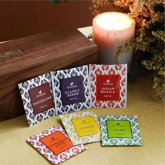 Octavius Gift's Select - Assorted Tea in Wooden Box | 6 Flavors, 60 Tea Bags | Black & Green Tea | Gifts for Women & Men | Pack of 1