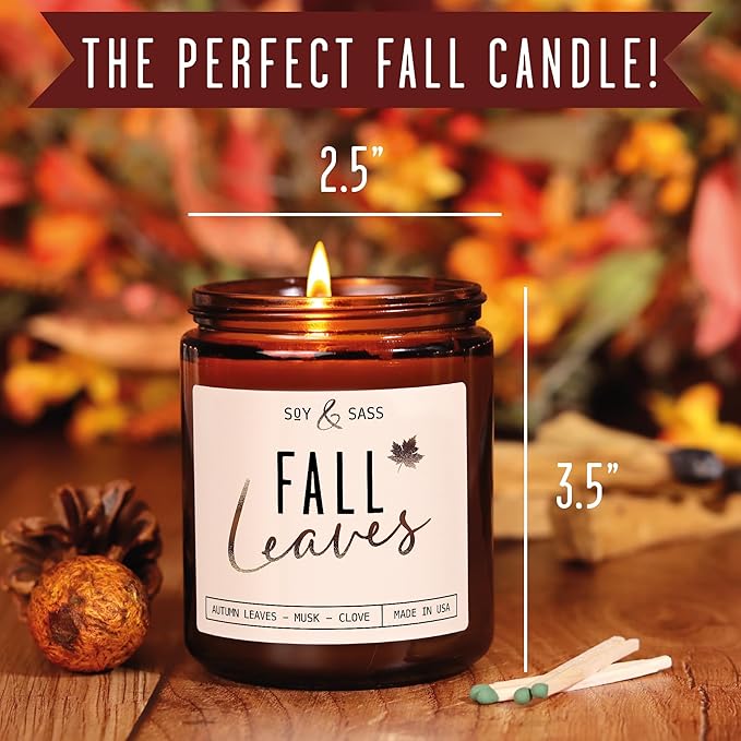 Fall Candles - 'Fall Leaves' Fall Candle w/Autumn Leaves, Clove & Musk I Infused with Essential Oils I Autumn Scented Candles I Cozy Cute Autmn Décor Gifts I 9oz Jar I 50Hr Burn I Made in USA