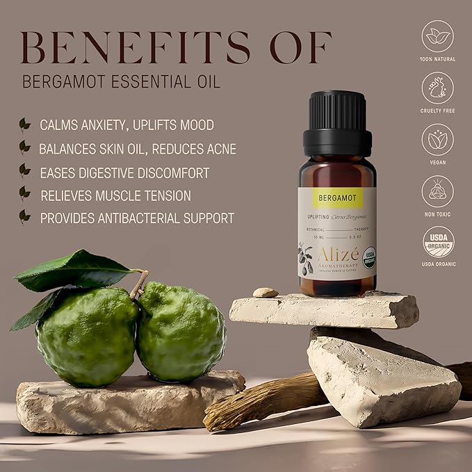 Bergamot Essential Oil, USDA Organic, 100% Natural & Pure Essential Oils for Diffusers for Home, Aromatherapy Oils, Diffuser Oils Scents, Organic Essential Oils, 10ml-0.33fl oz