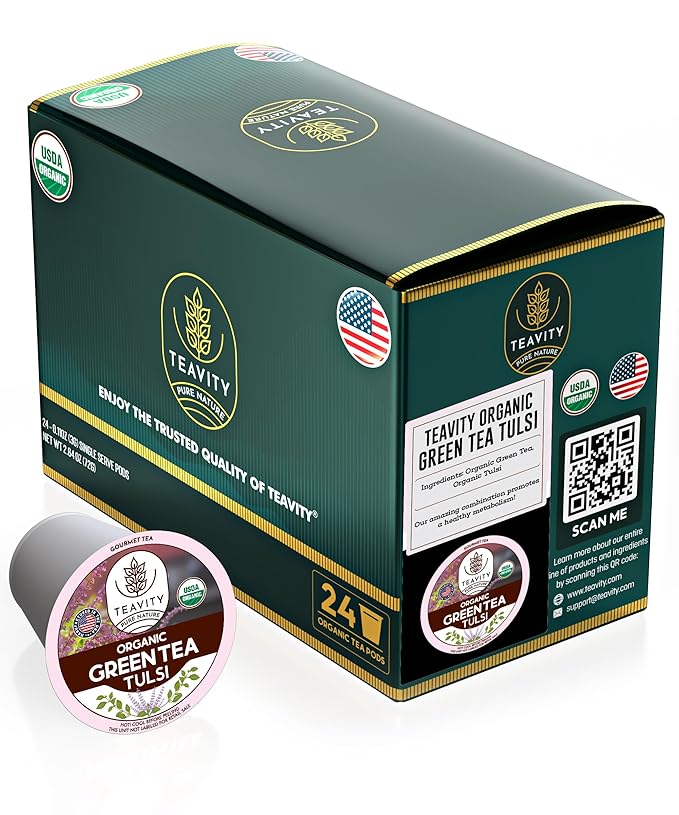 Organic Tulsi Tea Pods with Unsweetened Caffeinated Green Tea Pods for Keurig - Tulsi Green Tea by Teavity (24 Tea Pods)
