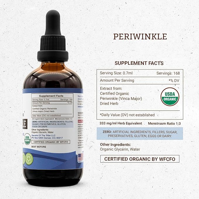 Secrets of the Tribe Periwinkle USDA Organic | Alcohol-Free Extract, High-Potency Herbal Drops | Made from 100% Certified Organic Periwinkle (Vinca Major) Dried Herb (4 oz)