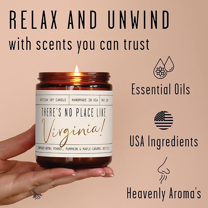 Virginia Gifts, Virginia Decor for Home - 'There's No Place Like Virginia Candle, w/Pumpkin, Peanut & Maple Brittle I Virginia Souvenirs I Virginia State Gifts I 9oz Jar, 50Hr Burn, USA Made