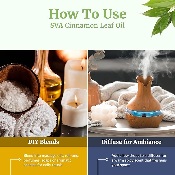 SVA Cinnamon Leaf Essential Oil – 4 Fl Oz – 100% Natural Cinnamon Oil - for Diffuser, Hair Care, Face, Skin Care, Aromatherapy, Scalp and Body Massage, Soap and Candle Making – with Dropper