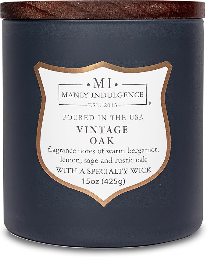 Manly Indulgence Vintage Oak Scented Candles for Men, 15 oz Wooden Wick, Premium Soy Blend Wax, 60H Burn, Candles for Home Scented - Made in The USA