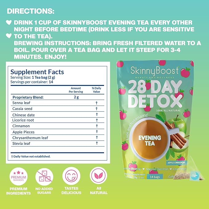 Skinny Boost Detox Tea Kit- 2 PACK –1 Daytime HIBISCUS (28 Bags) + 1 Evening APPLE CINNAMON-(14 Bags) – Herbal Detox for Energy, Bloating & Colon Cleanse – Green Tea, Vegan, Keto, Non-GMO, Sugar-Free