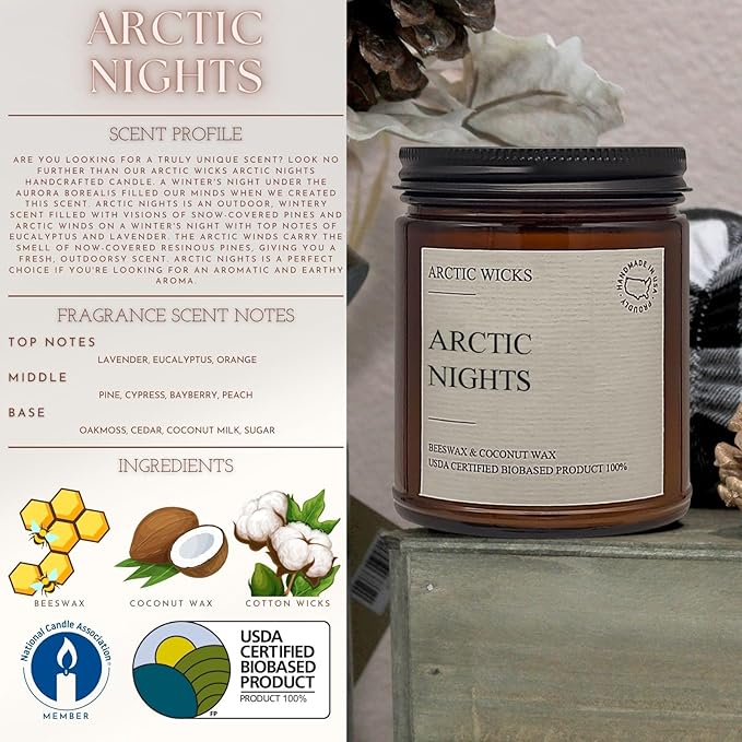 Arctic Wicks Scented Coconut Beeswax Candles | Coconut Beeswax Non Toxic Candle 9oz Amber | Farmhouse Candles Non-Toxic Clean Burn 100% USDA Certified Biobased (Arctic Nights)