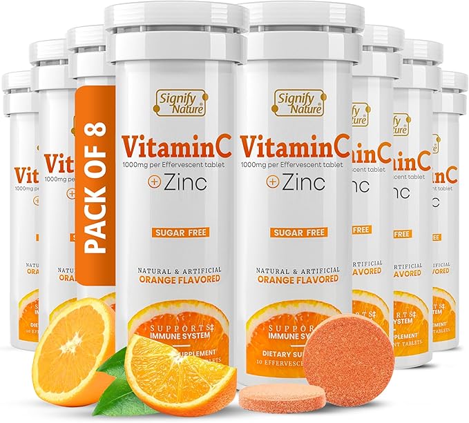 SIGNIFY NATURE Vitamin C 1000mg Effervescent Tablets - Potent Immune Support VIT C with Zinc Supplement - Sugar-Free & Vegan Formula | Dissolvable Vitamin C Tablets - Water Soluble Fizzy Elixir - 80CT